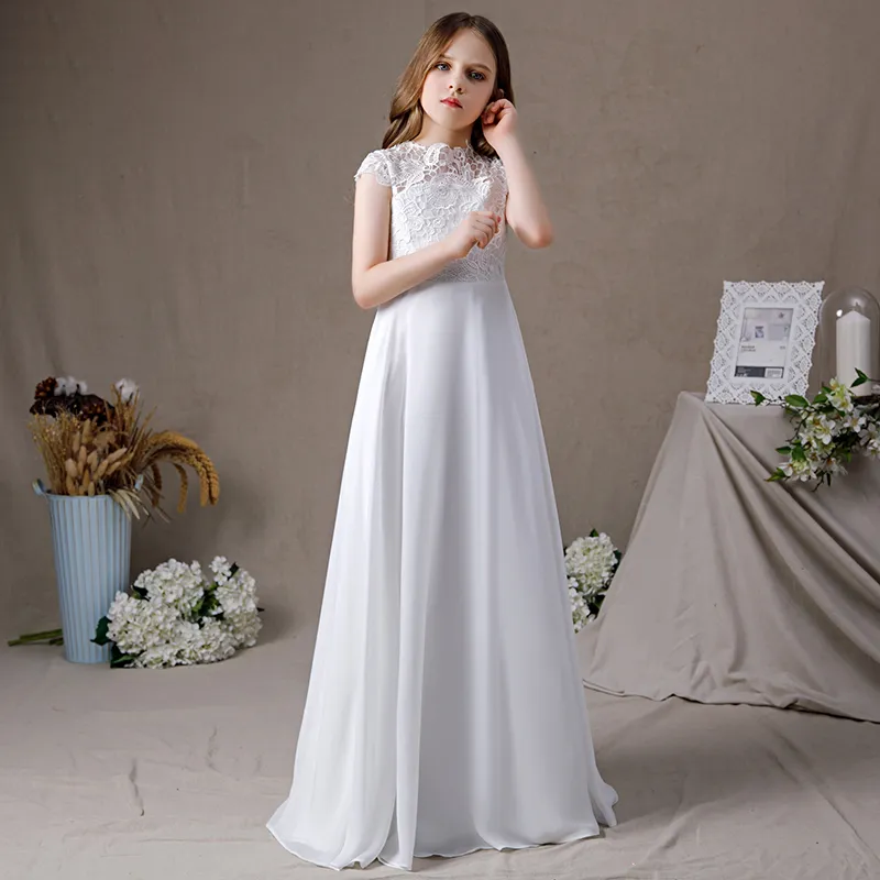 Lace Chiffon Girl Dress Cap Sleeves First Communion Gown, White / child-2 Lace Chiffon Girl Dress Cap Sleeves First Communion Gown, White / child-2