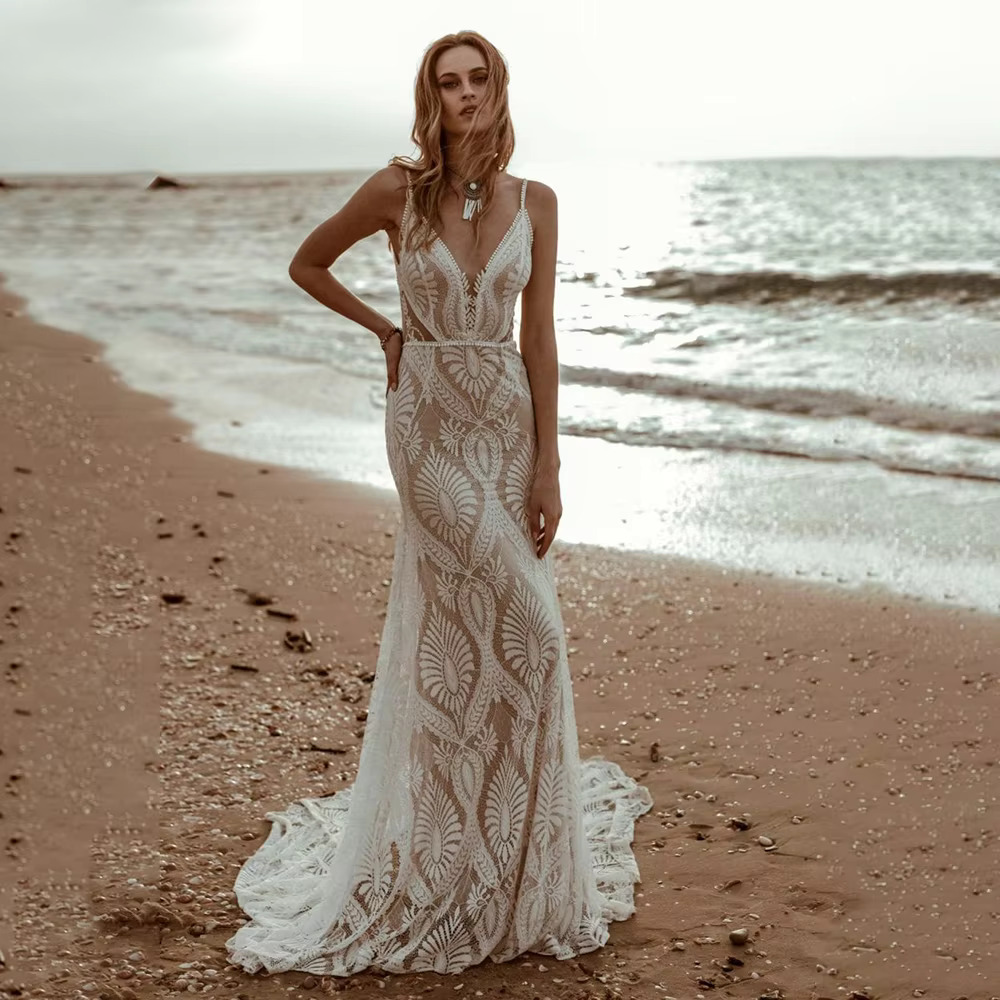 Sexy Lace V Neck Beach Mermaid Wedding Dress Spaghetti Straps Backless Elsi John Sexy Lace V Neck Beach Mermaid Wedding Dress Spaghetti Straps Backless Elsi John