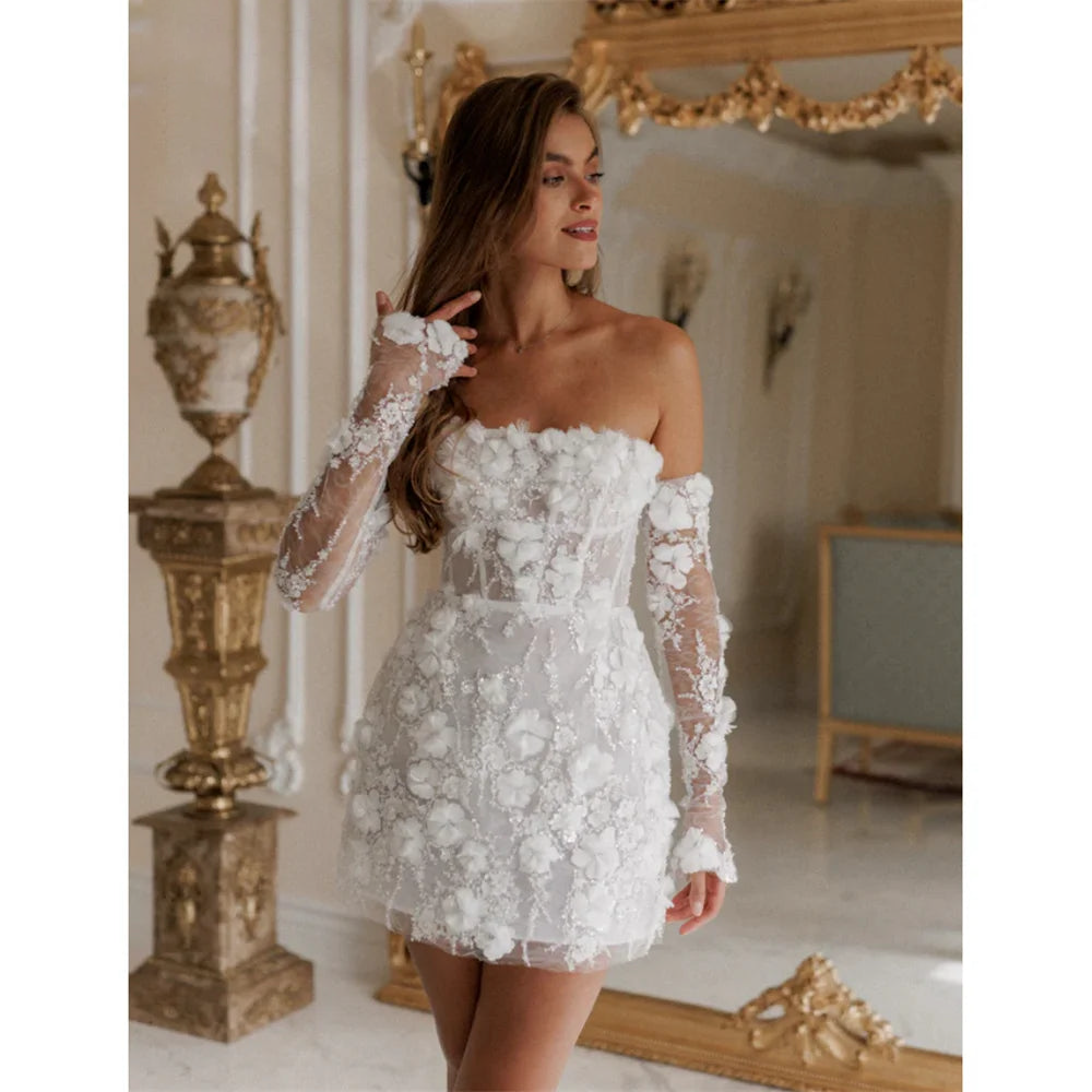 Flower Lace Appliques Prom Dresses Off Shoulder Mini Evening Dress Detachable Sleeves, custom color / 2