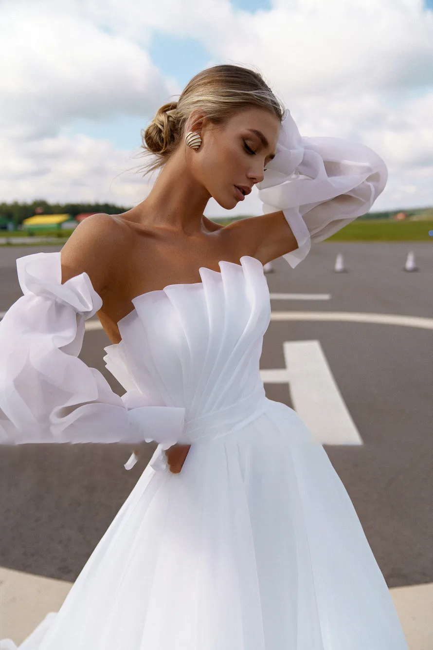 New Design Boat Neck Detachable Puff Sleeve Pleats A-Line Wedding Dres Elsi John New Design Boat Neck Detachable Puff Sleeve Pleats A-Line Wedding Dres Elsi John