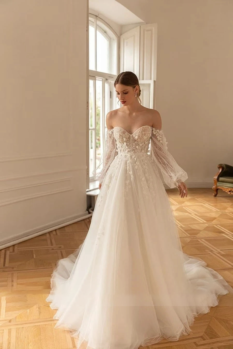 Off-Shoulder Lace A-line Wedding Gown with Long Sleeves & Sweetheart N   Elsi John
