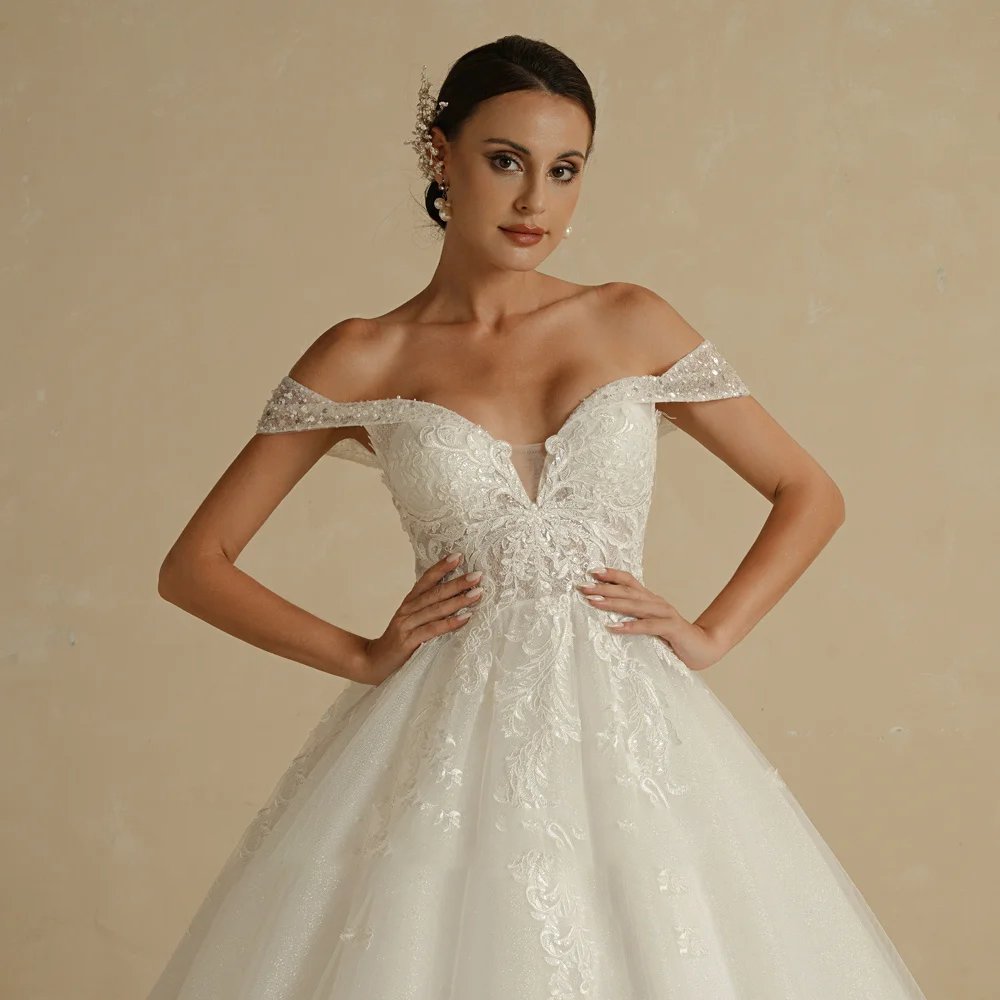 open lace back dress Princess Wedding Dress Off the Shoulder Glitter Tulle Court Train – Think  Bridal main image 0