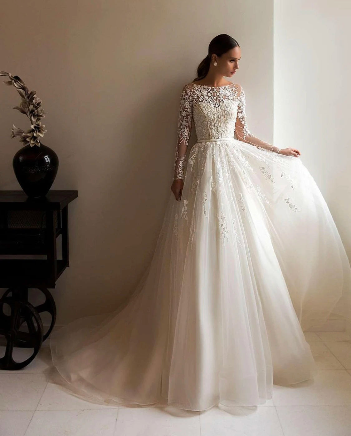 A-line Champagne Tulle Wedding Dress Long Sleeve V-neck Tulle Bridal D – Elsi John