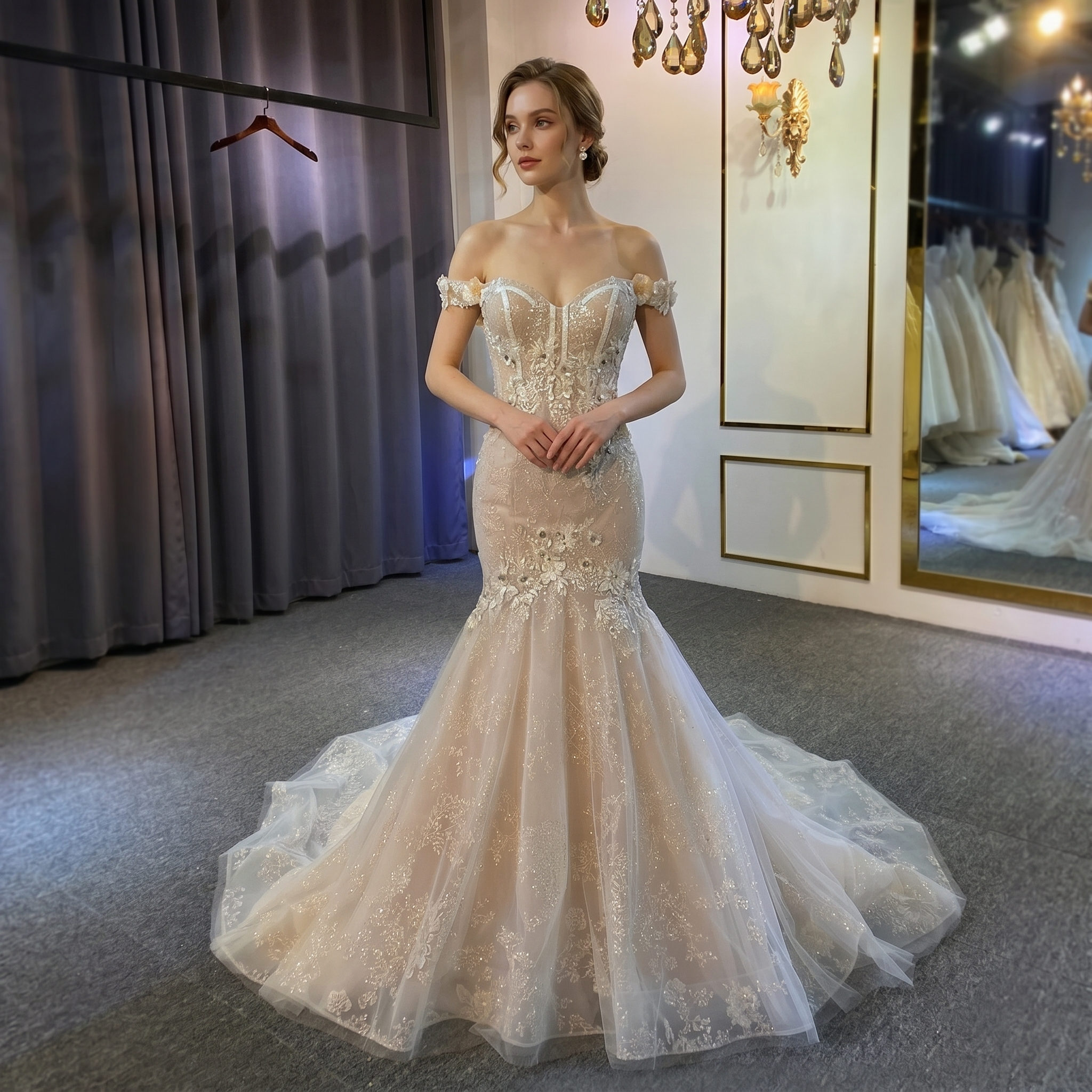Champagne Off-Shoulder Mermaid Wedding Dress with Elegant Straps – Elsi John
