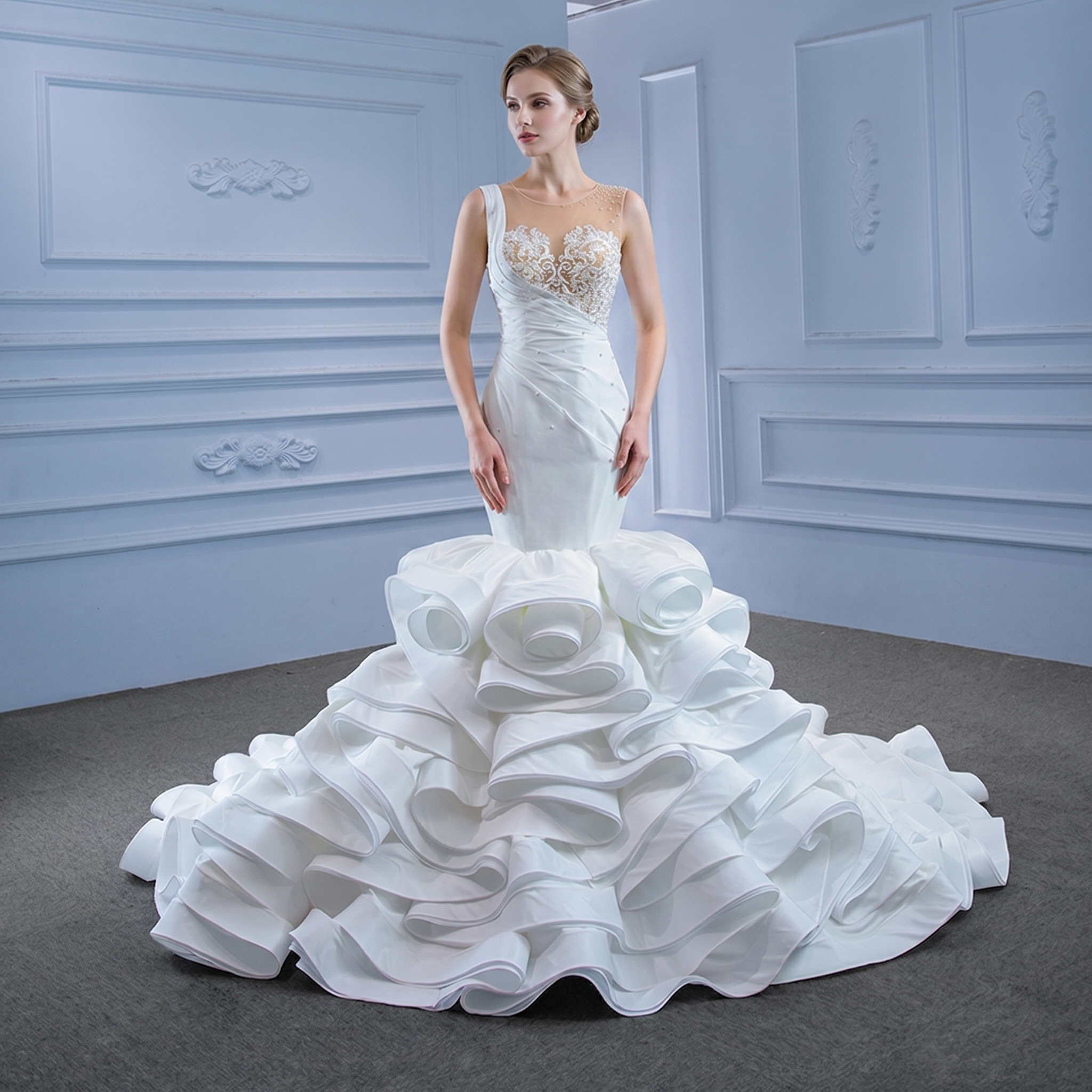 Crystal Mermaid Wedding Dress with Pearls Lace Luxury Satin Sleeves – Elsi John