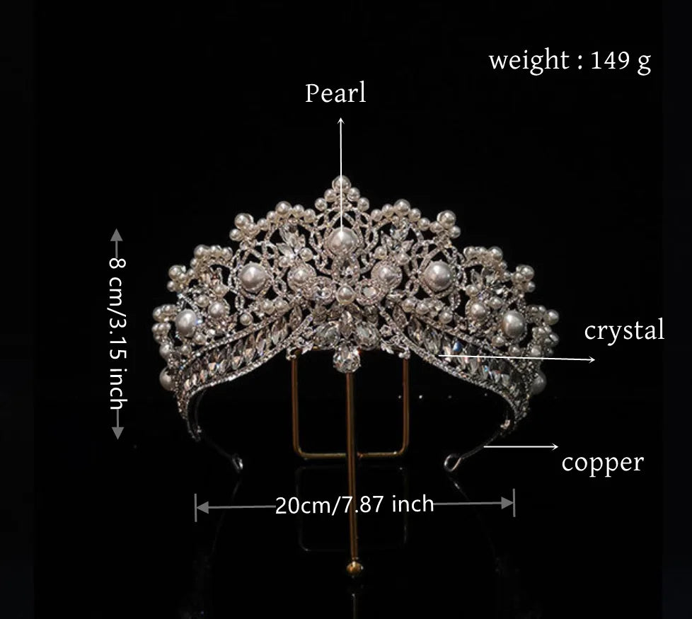 Product specification diagram of the pearl and crystal wedding tiara, showing its weight of 149g, height of 8cm (3.15 inches), and width of 20cm (7.87 inches).