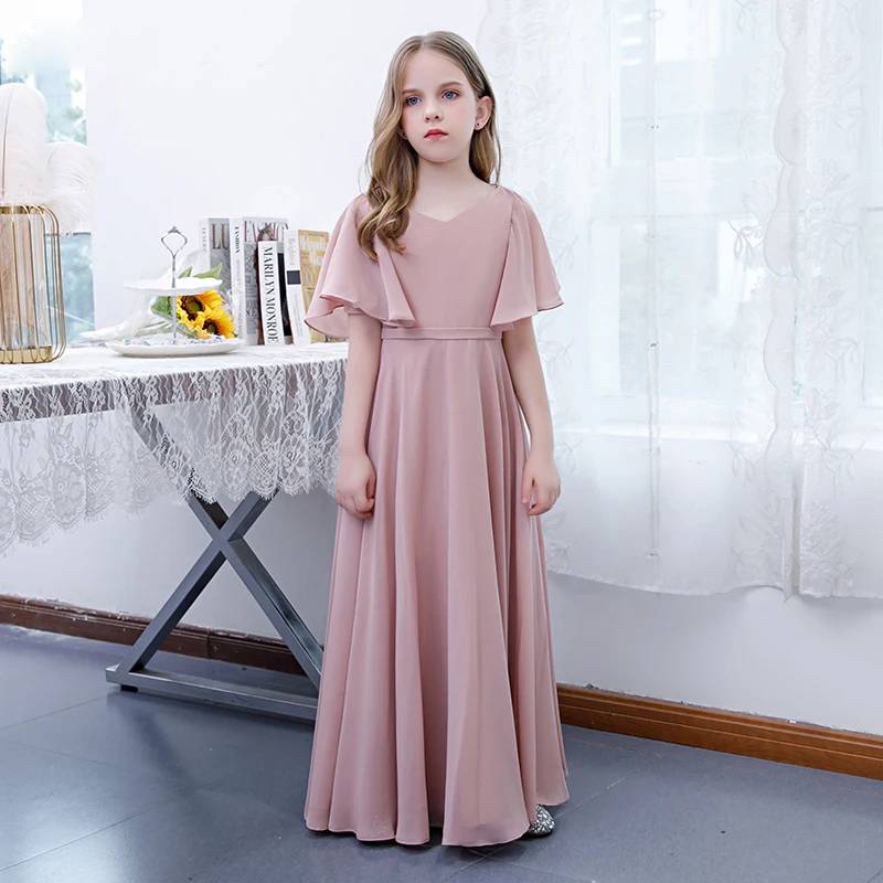 jr bridesmaid dresses chiffon Dusty Pink Long Chiffon Junior Bridesmaid Dress with Pleats Flower Gir –  Elsi John