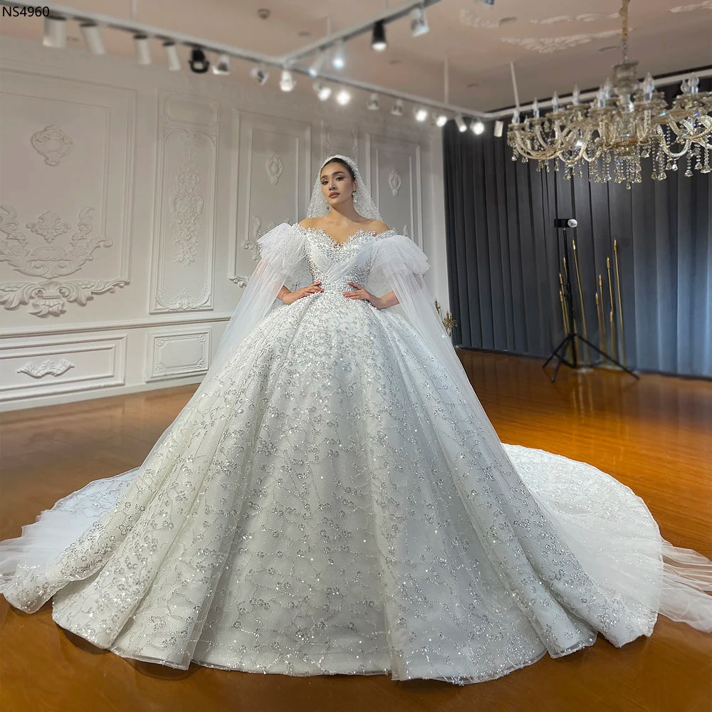beaded off the shoulder wedding dress Gold And White Wedding Dress Lace Beaded Off Shoulder – Lisposa main image 1