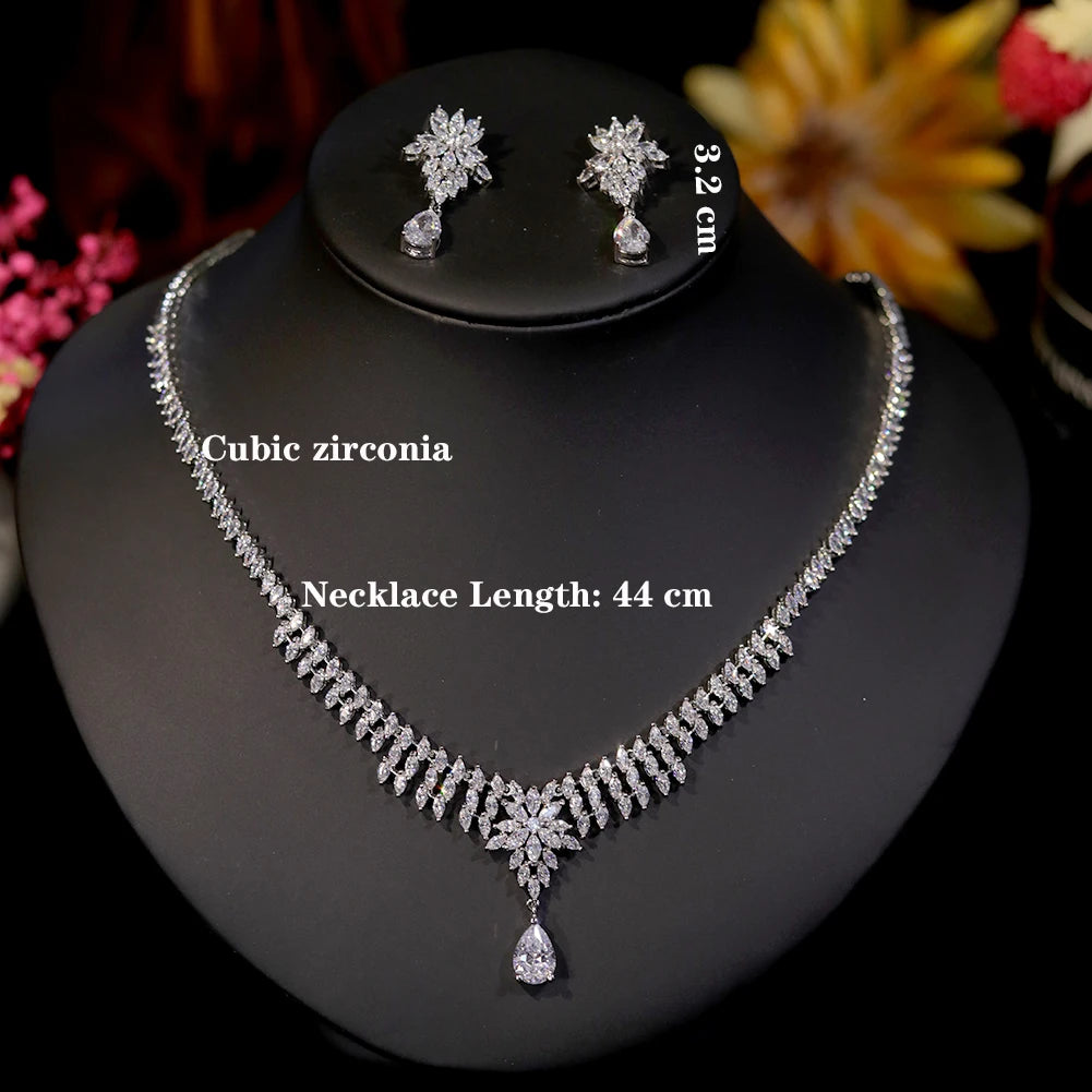 Cubic zirconia bridal necklace and earring set with measurement details, including 44 cm length and 3.2 cm earring size