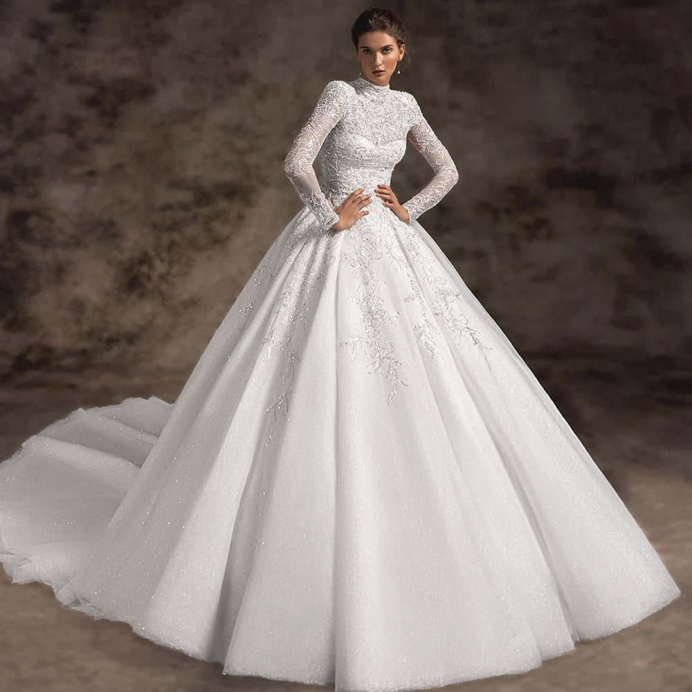 Exquisite Appliques Beaded Lace Vintage A-Line Wedding Dress Luxury Hi – Elsi John