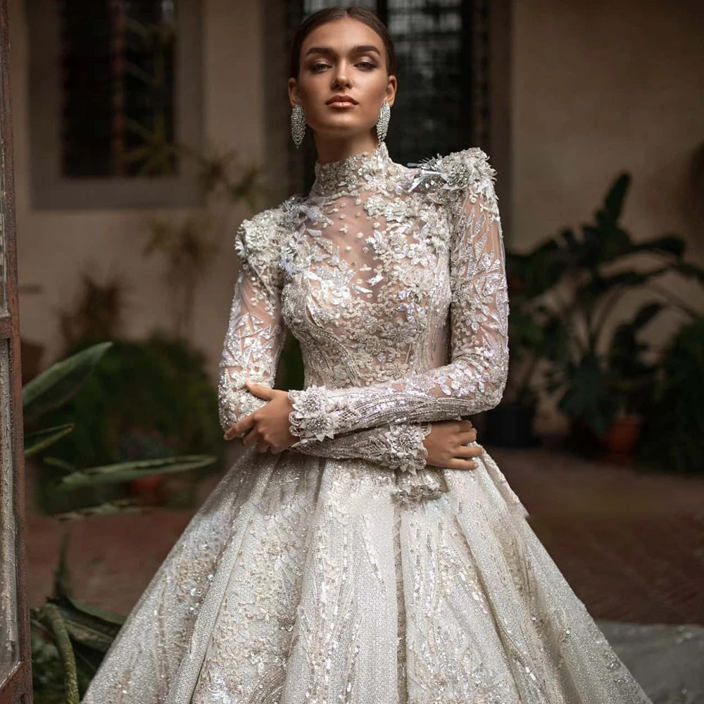 vintage high neck wedding dress Elegant Lace A-line Long Sleeve WD032 US16 / Ivory Beautiful A Vintage Luxury Beaded Lace Ball