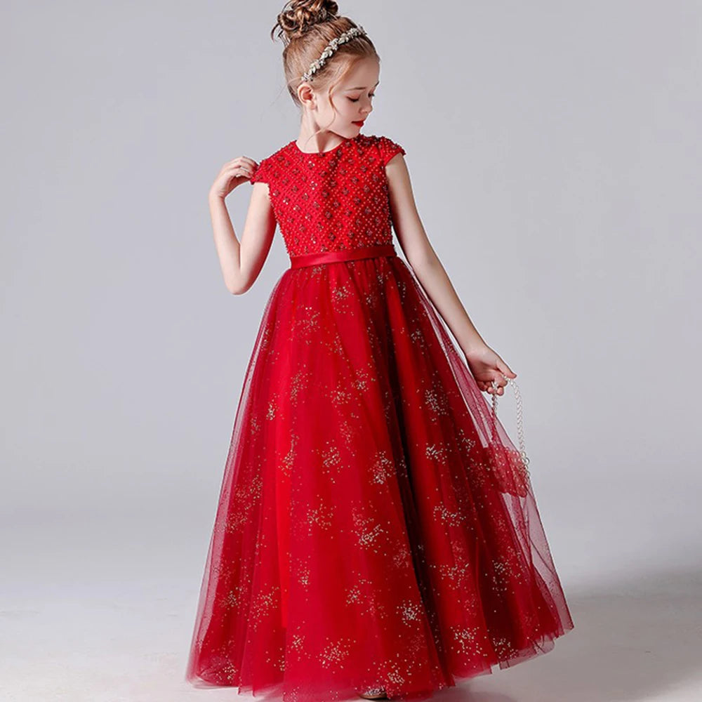 Red Sparkly Flower Girl Dress Christmas Junior Princess Gown for Wedding Pageant, Red / Child-2