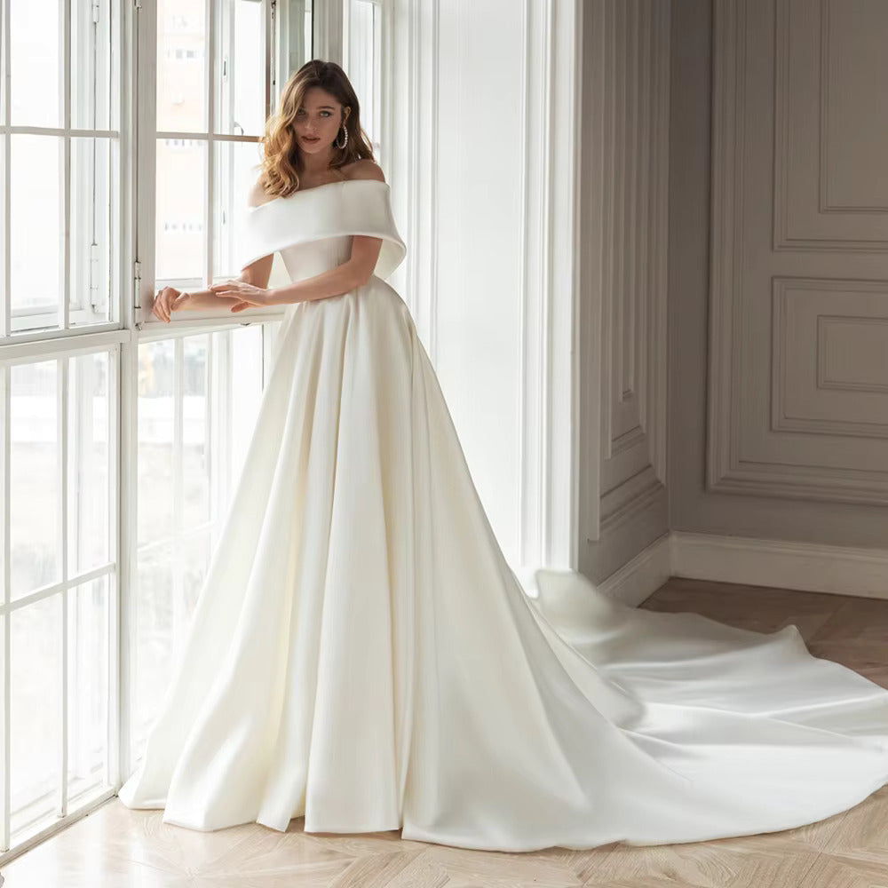 Off-the-Shoulder A-Line Satin Wedding Dress Simple Boat Neck Bridal Go –  Elsi John