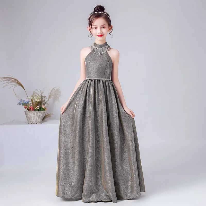 Flower Girl Long Dress for Wedding Party Birthday Formal Pageant or Concert, Gray / child-2