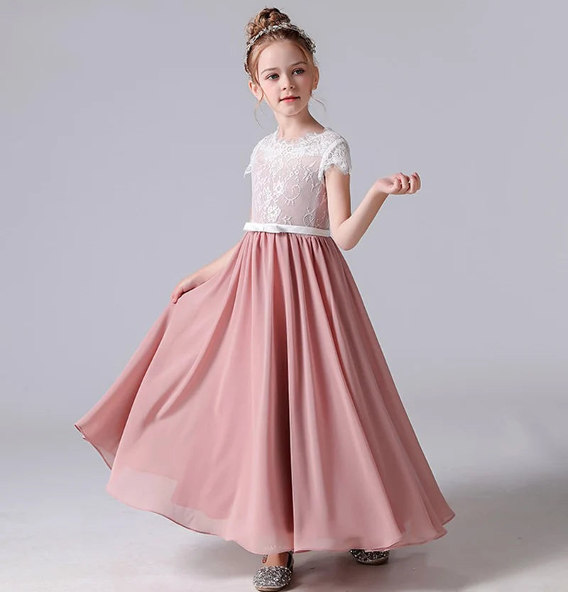 Lace Chiffon Junior Bridesmaid Dress with Short Sleeves – Girls Party –  Elsi John