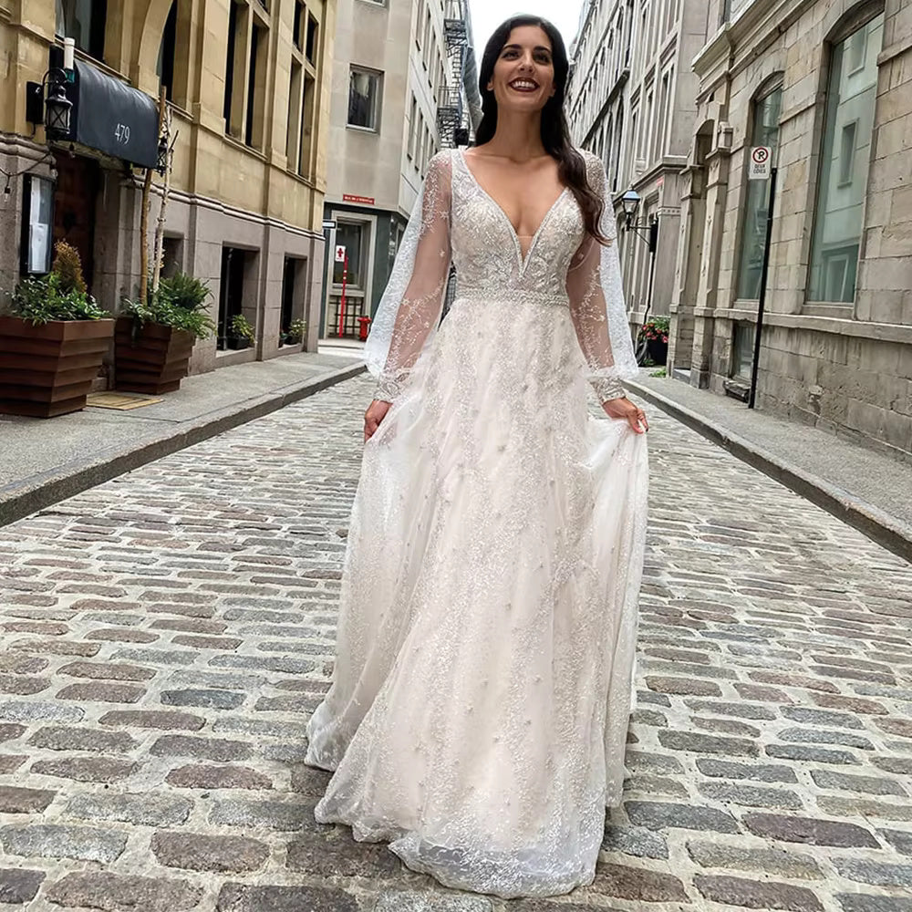 chinese dress ladies Lace Appliqued Long Illusion Sleeve Wedding Bridal Dress with Train 38 main image 0