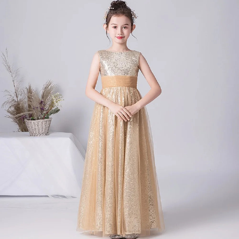 Sequins Long Flower Girl Dress Junior Bridesmaid Gown Formal Birthday –  Elsi John