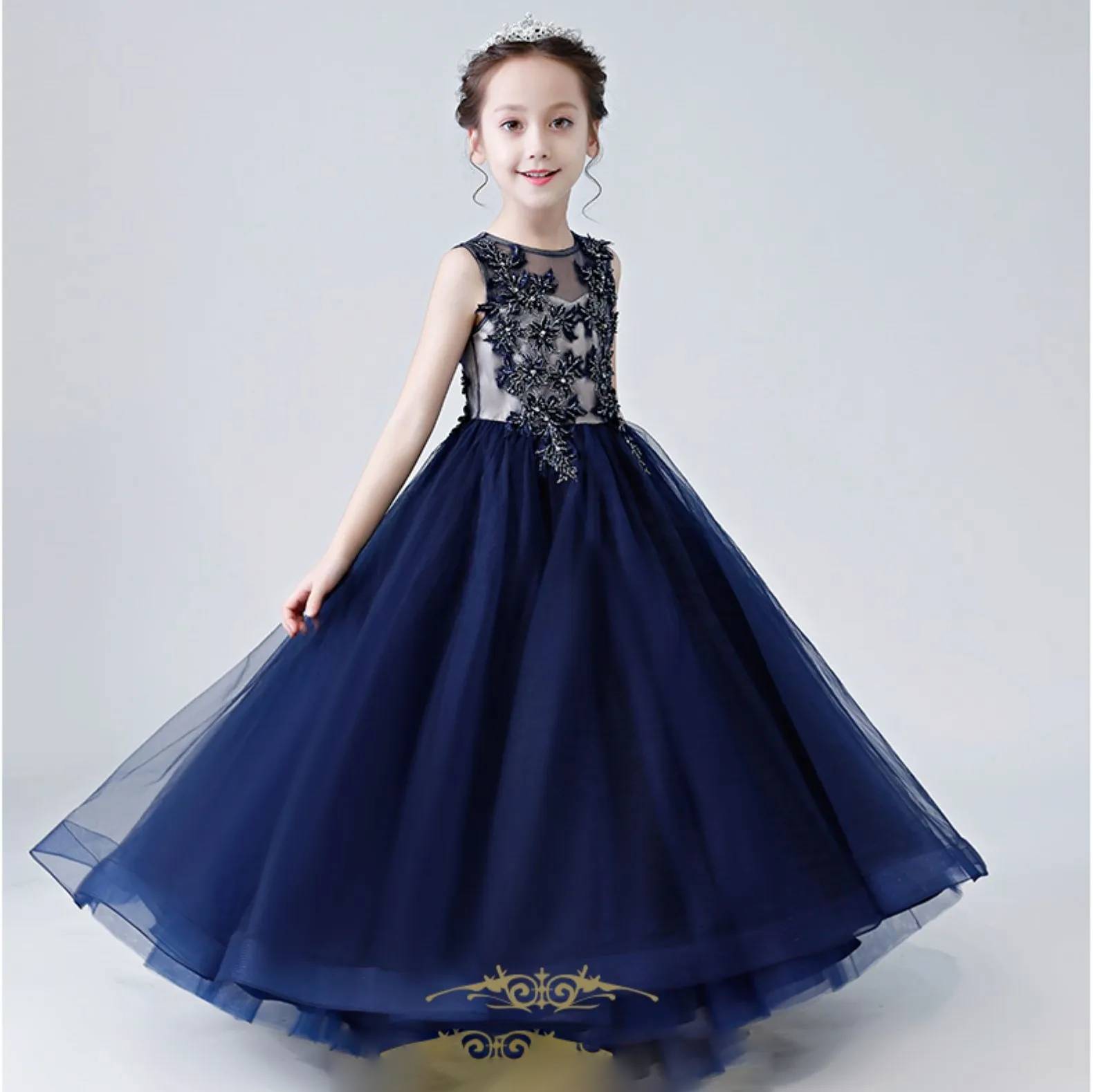 Navy Blue Flower Girl Junior Bridesmaid Dress Kids Pageant Gown Childr Navy Blue Flower Girl Junior Bridesmaid Dress Kids Pageant Gown Childr