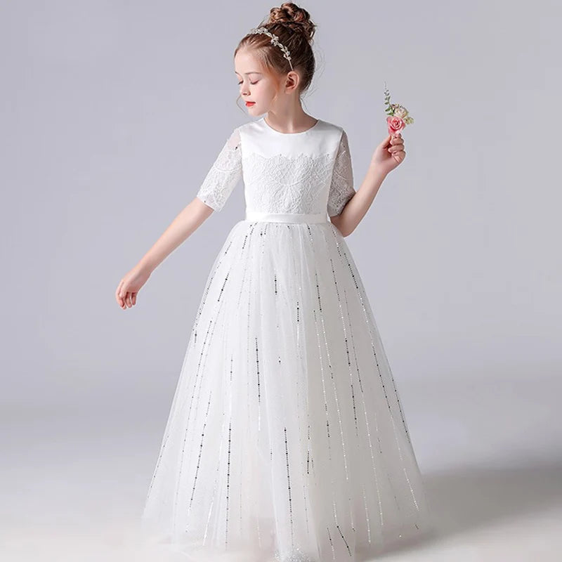 Sparkly Tulle First Communion Dress Junior Bridesmaid Princess Gown, Ivory / Child-2