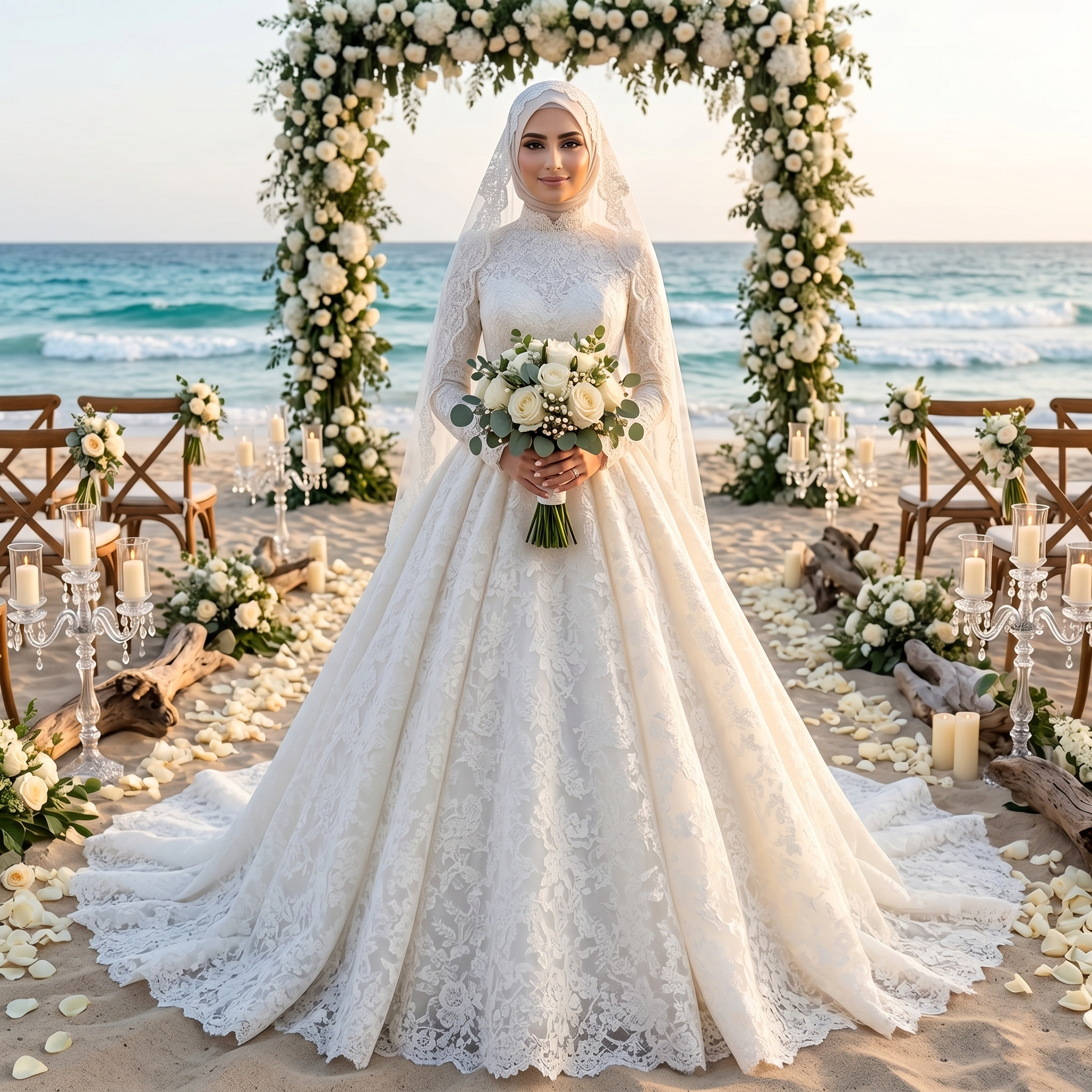 High Neck Long Sleeve Princess Lace A-line Muslim Wedding Dress With P – Elsi John