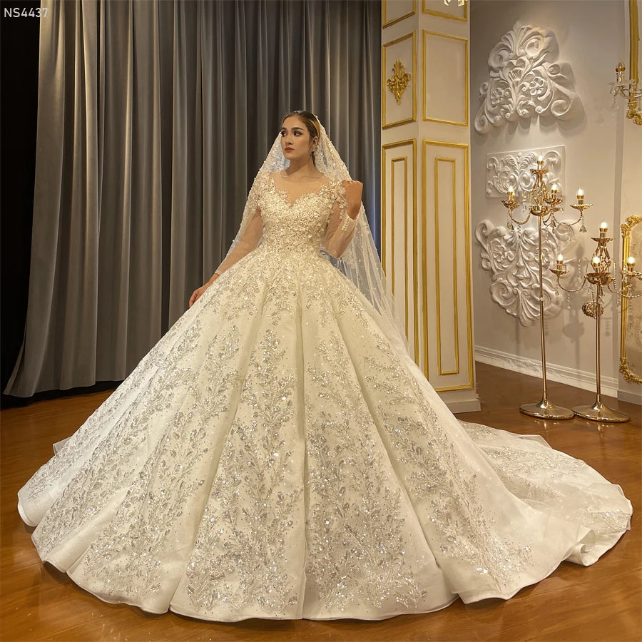 Long Sleeve Lace Applique Beaded Pleated Ball Gown Wedding Dress Elsi John Long Sleeve Lace Applique Beaded Pleated Ball Gown Wedding Dress Elsi John
