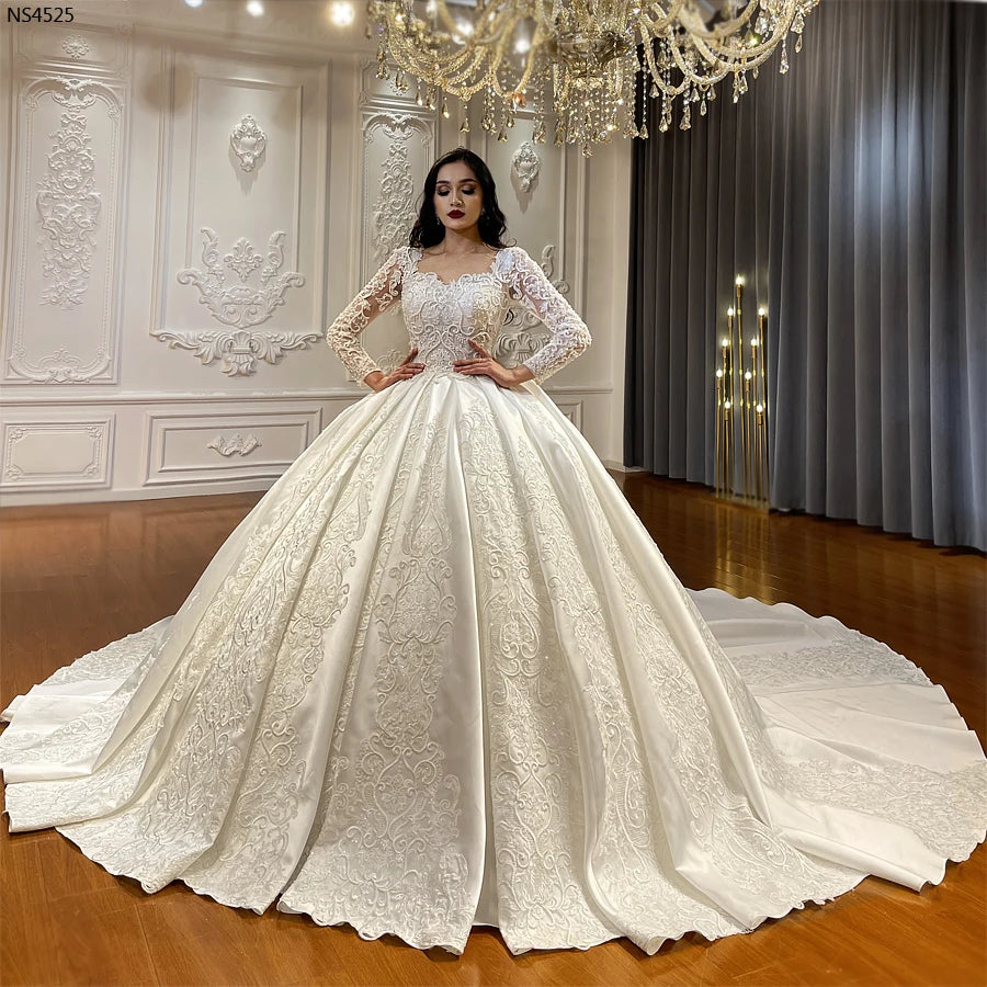 Luxury Satin Ball Gown Wedding Dress with Long Sleeves and Elegant Des –  Elsi John