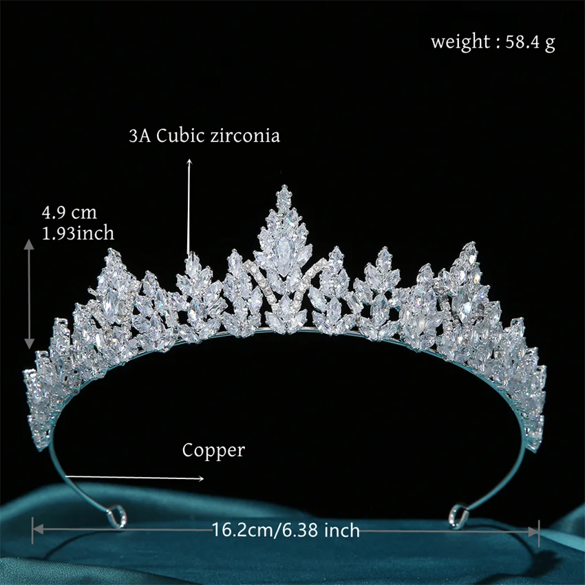 Sizing diagram for the silver zircon wedding tiara, showing a weight of 58.4 g, height of 4.9 cm (1.93 inch), and width of 16.2 cm (6.38 inch).