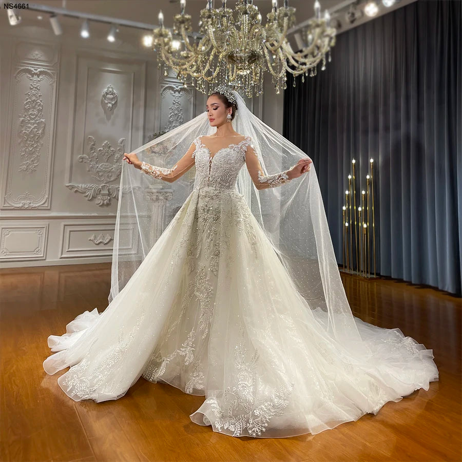 Mermaid Wedding Dress with Detachable Skirt Long Sleeves Elegant Trump –  Elsi John