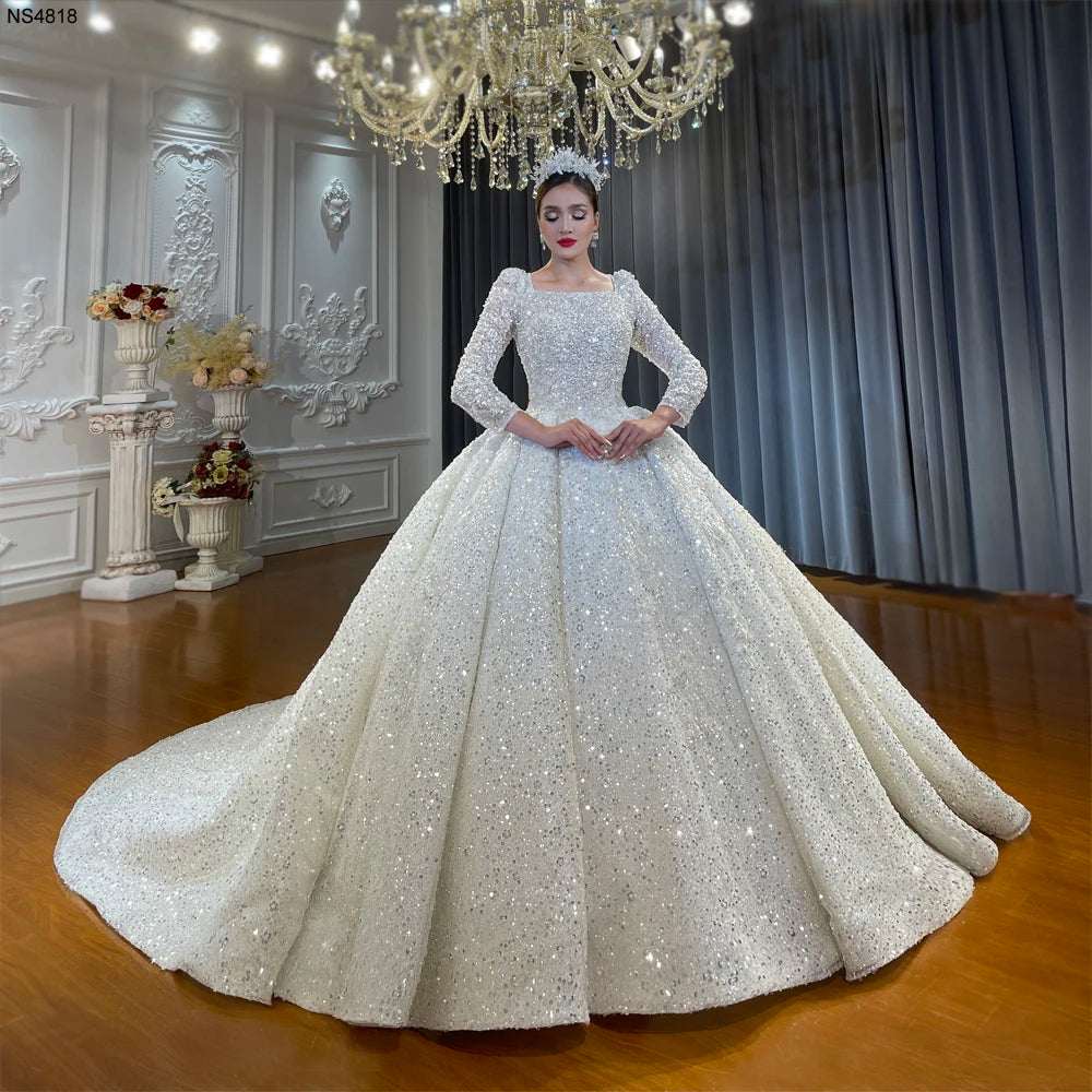 Muslim Square Neck Sequin Shiny Wedding Dress Long Sleeve Ball Gown Elsi John Muslim Square Neck Sequin Shiny Wedding Dress Long Sleeve Ball Gown Elsi John