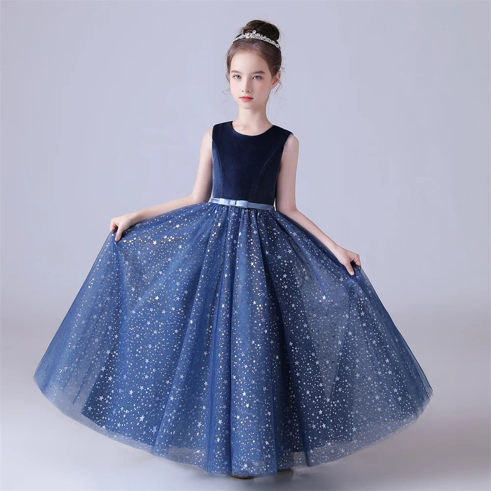 navy blue dress for birthday Navy Blue Shiny Tulle Flower Girl Dress Sleeveless Birthday Formal Pri –  Elsi John