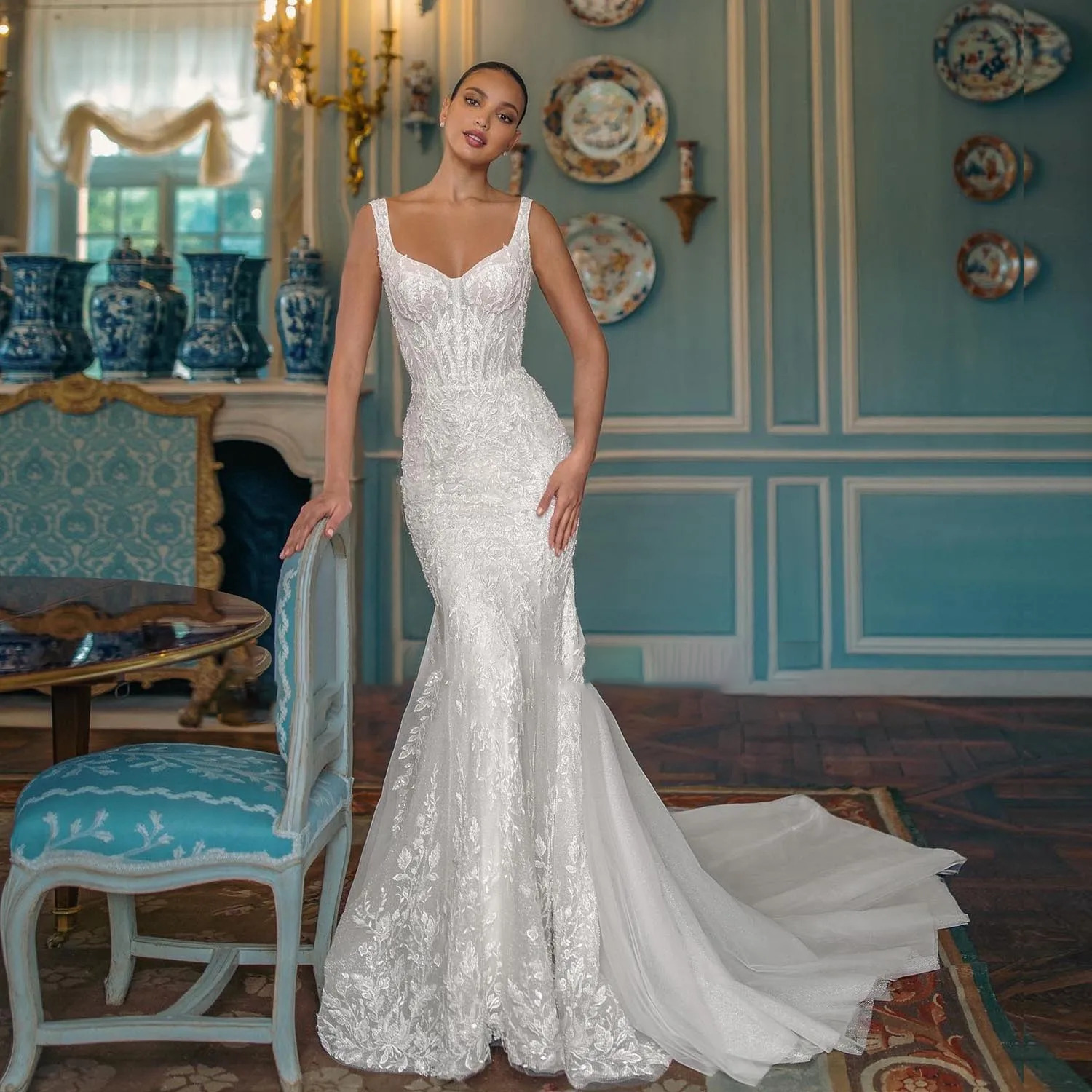 Off-the-Shoulder Mermaid Wedding Dress with Detachable Train & Beaded – Elsi John