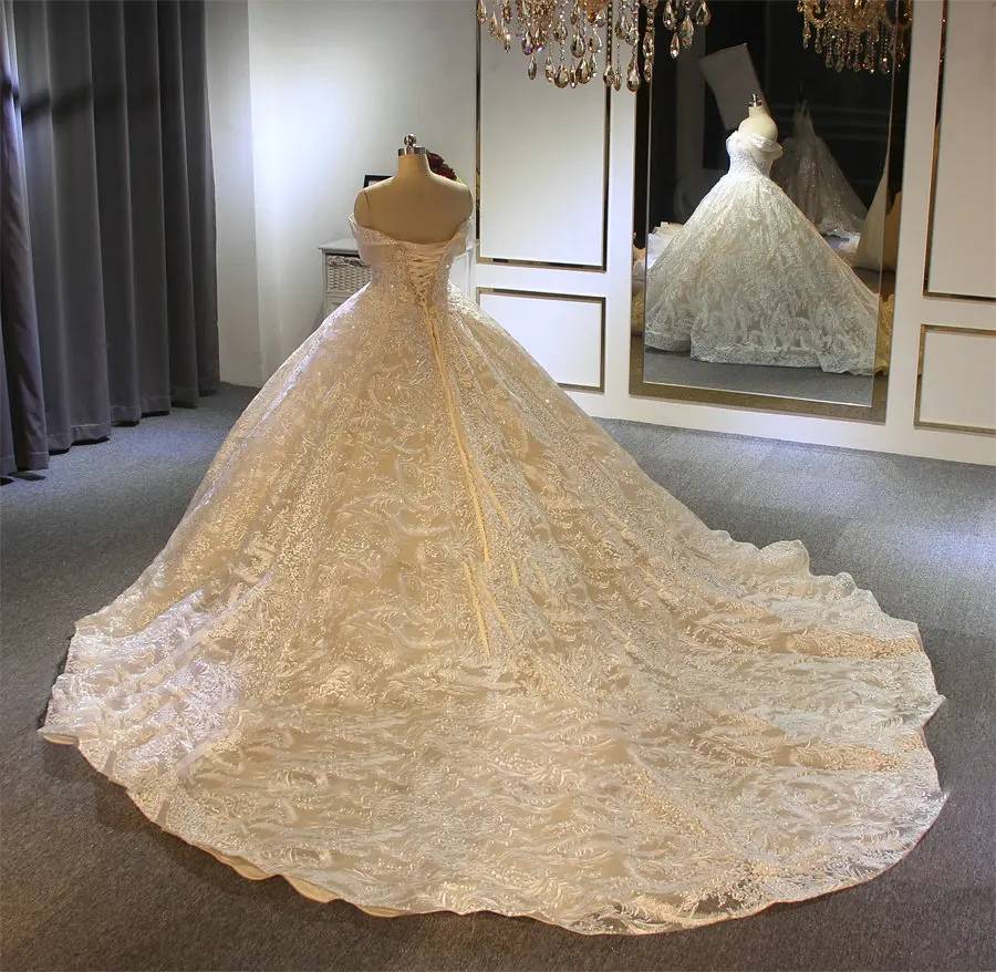 Dramatic cathedral-length train view of a champagne lace-up back princess wedding dress in a professional studio setting.