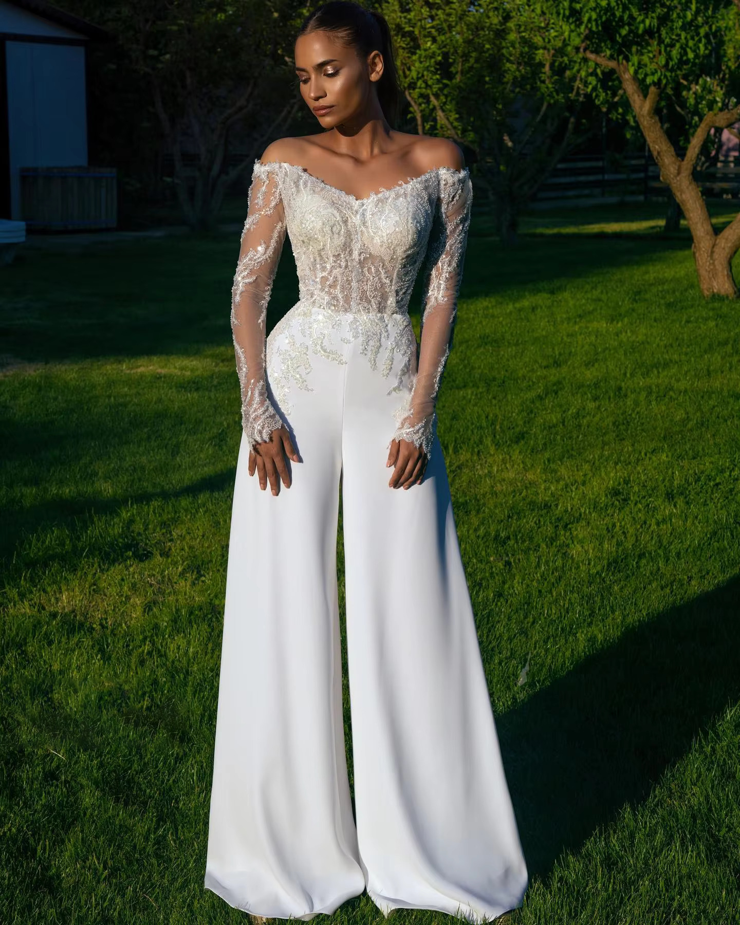 long sleeve jumpsuit wedding dress Off Shoulder Lace Applique with Sleeves – Elsi John Dairy Free Green Goddess neckline:Plunging Size:18 US women's numeric and polyester