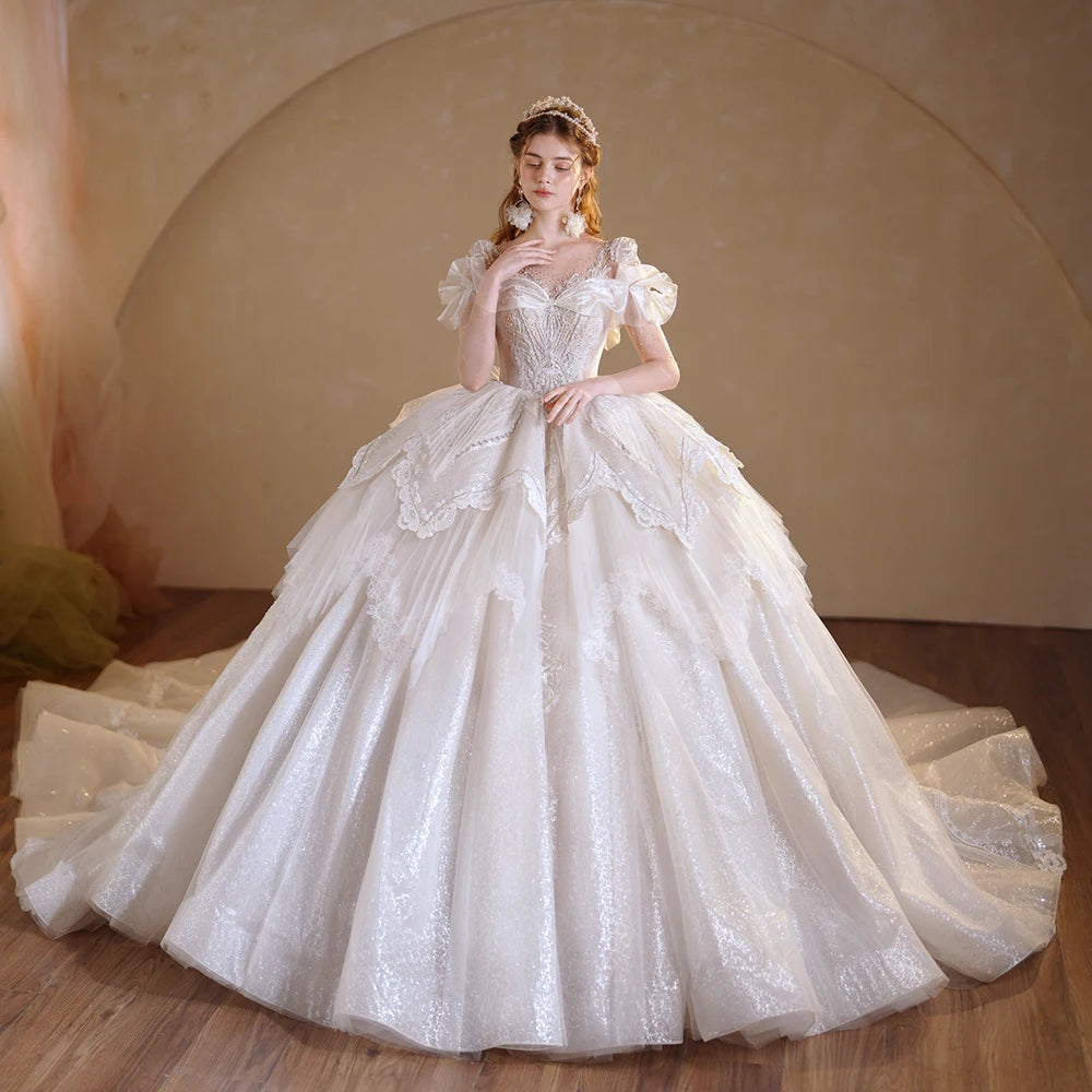 Romantic Organza O-Neck Full Sleeve Wedding Dress with Button Illusion – Elsi John