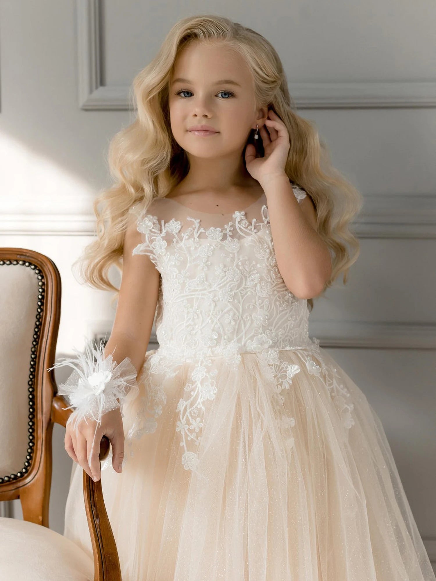 Champagne Glitter Lace Tulle Toddler Floral Ball Gown – Elsi John