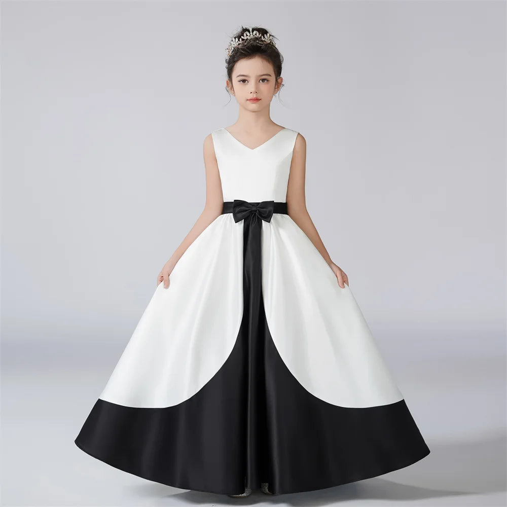 Black and White Detachable Bow Girls Party Dress