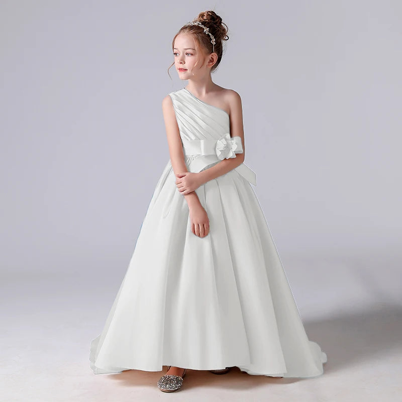 open lace back dress Sunnypetal Elegant White One-Shoulder Flower Girl Dresses Wedding Birt –  sunnypetal