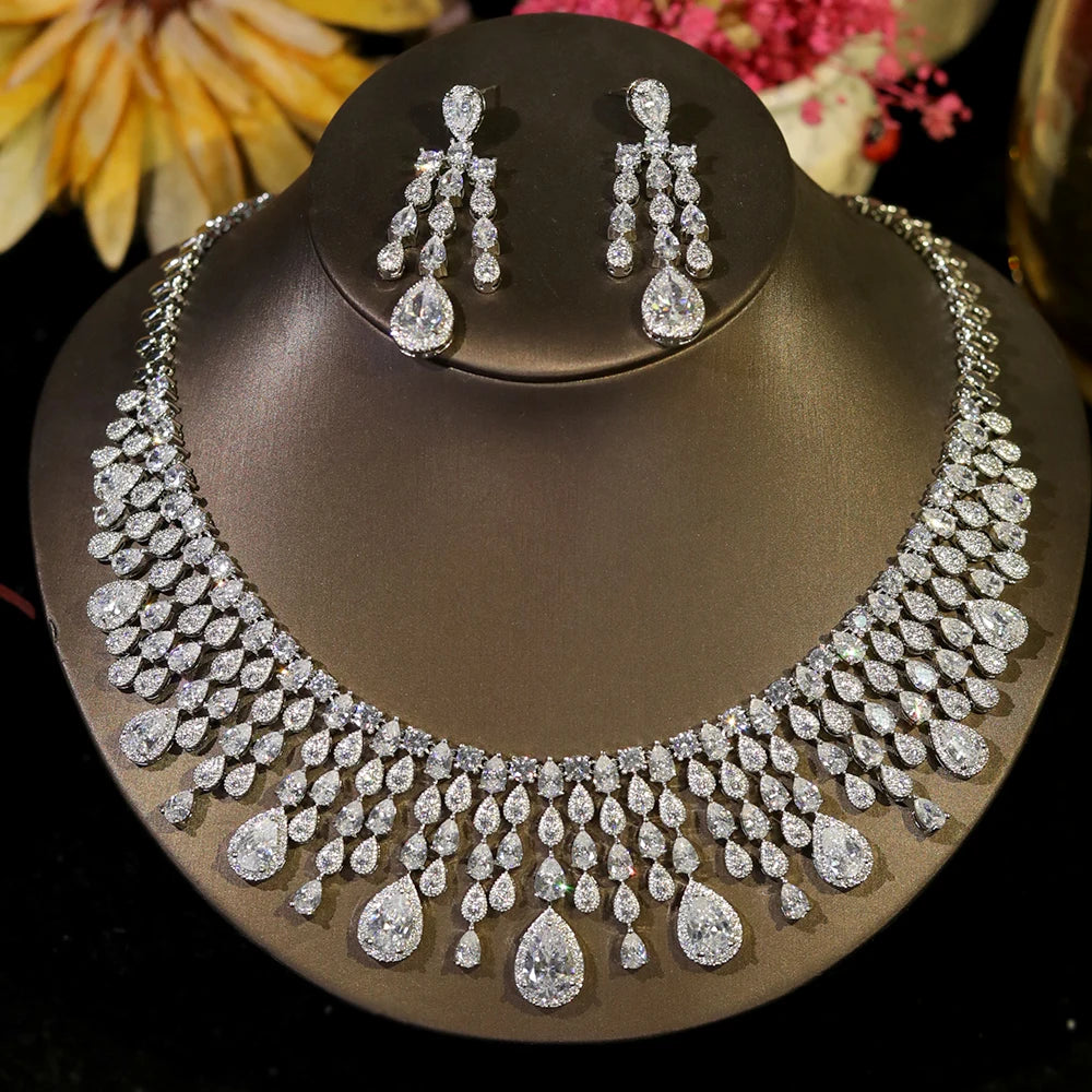 Luxury Water Drop Tassel Jewelry Set with White Cubic Zirconia for Brides