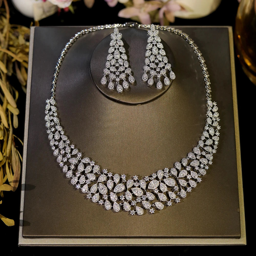 Luxury Crystal Zirconia Silver Necklace Wedding Jewelry Set for Women