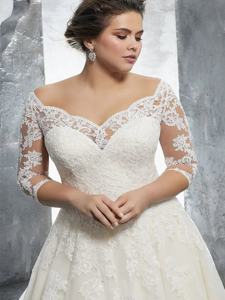 A-Line Lace Elegance 2023: Off-Shoulder Plus-Size Bridal Bliss., White / 100cm