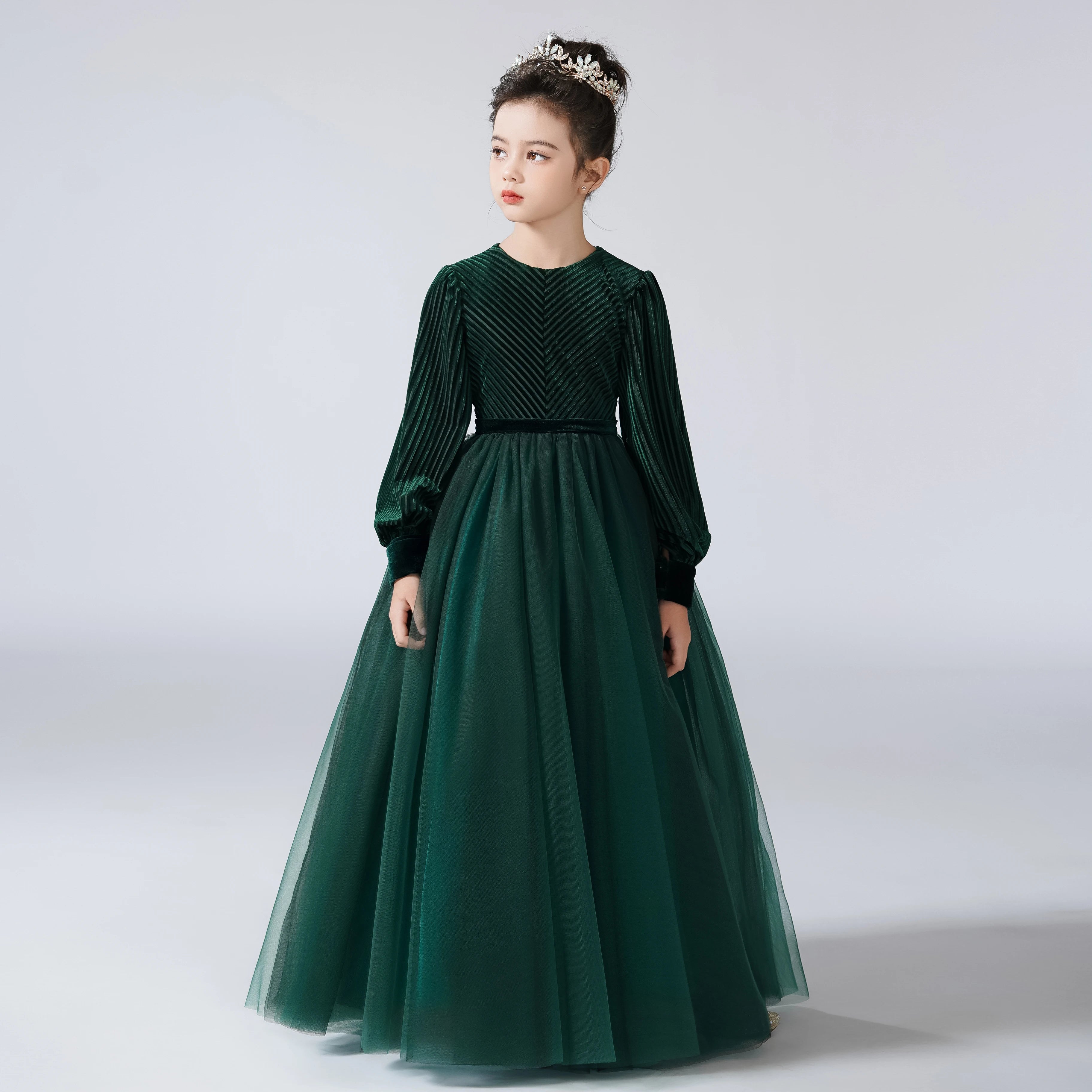 Velvet Full Sleeve Long Skirt Green Girls Dress Pageant Gown, Picture color / child-2