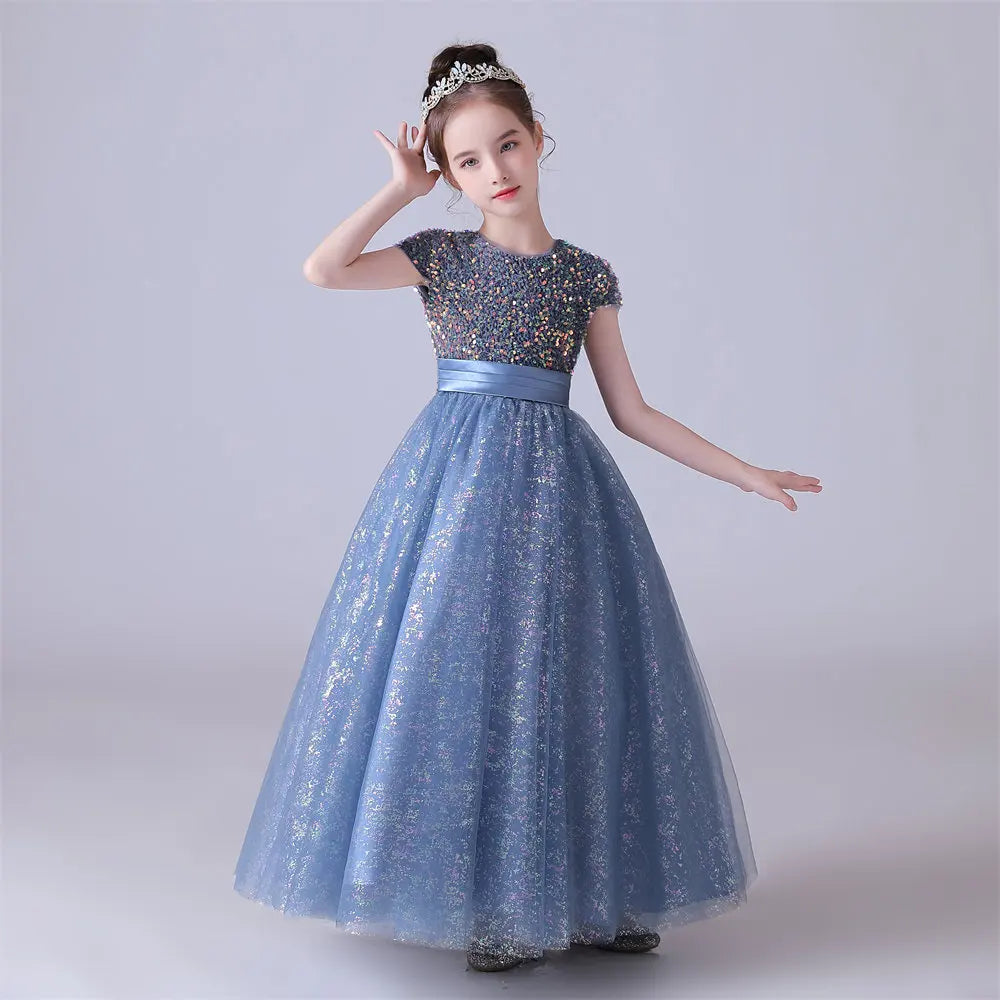 Blue Shiny Tulle Bow Sequin Flower Girl Dress O-Neck Kids Birthday For Elsi John Blue Shiny Tulle Bow Sequin Flower Girl Dress O-Neck Kids Birthday For Elsi John