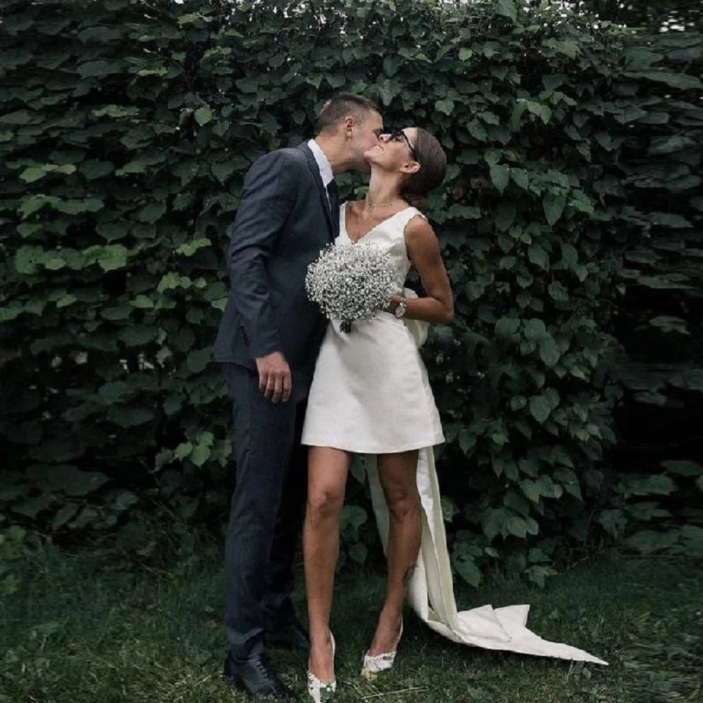 Short Satin V Neck Bridal Gown with Large Bow Sleeveless Open Back Wed Elsi John Short Satin V Neck Bridal Gown with Large Bow Sleeveless Open Back Wed Elsi John