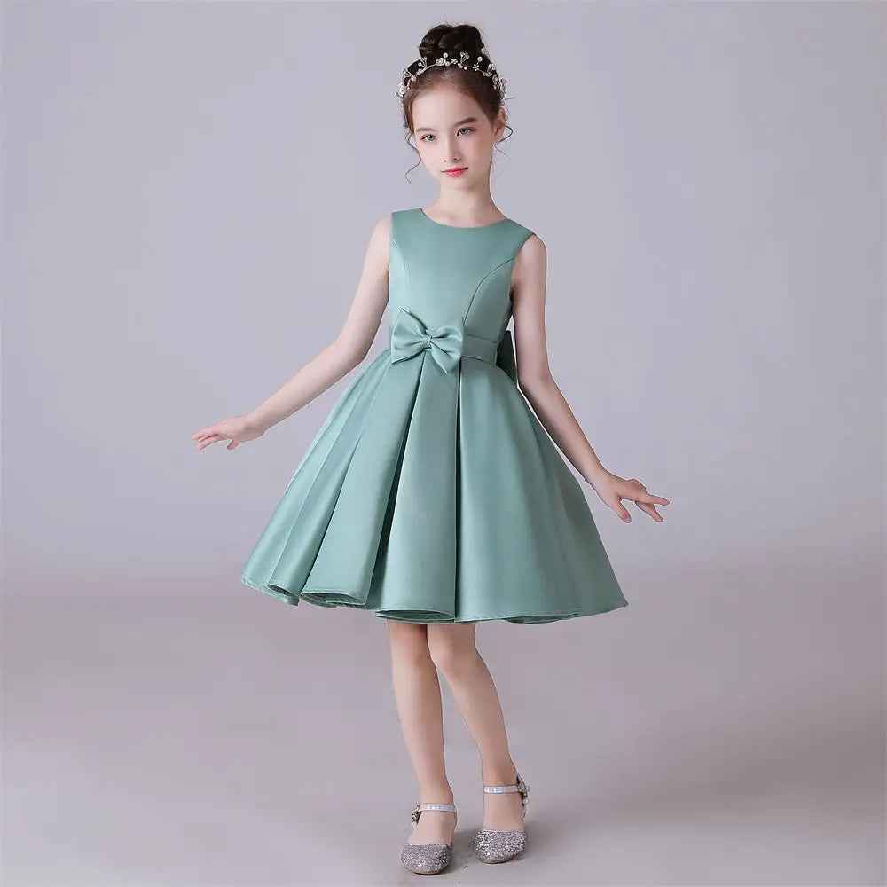 Girls O-Neck Sleeveless Satin Bow Flower Girl Birthday Princess Dress –  Elsi John