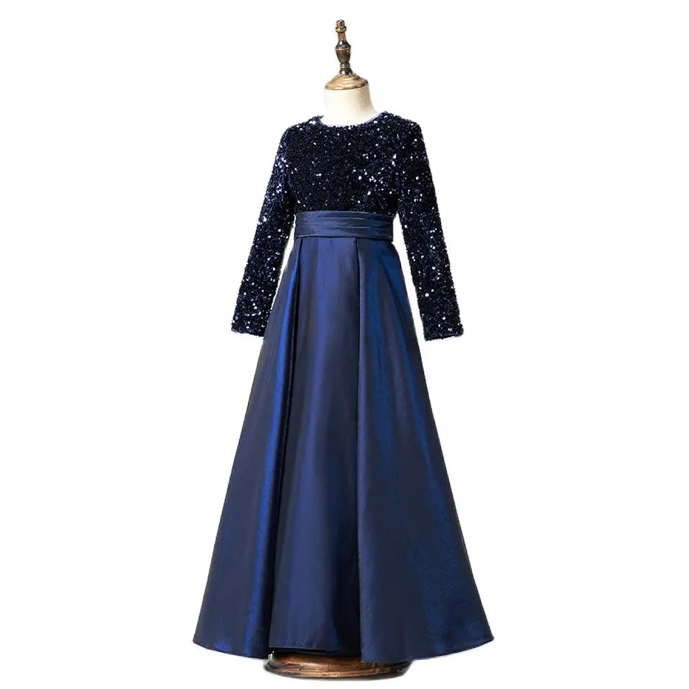 Navy Blue Long Sleeves Sequin Elegant Girl Party Dress, Navy Blue / Child-2 Navy Blue Long Sleeves Sequin Elegant Girl Party Dress, Navy Blue / Child-2