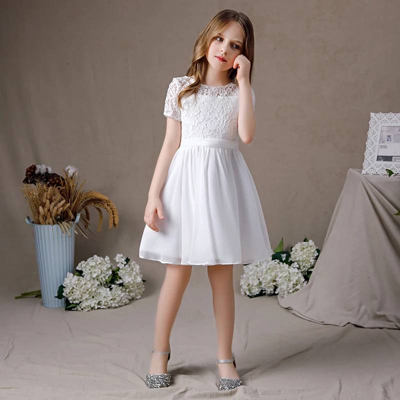 Short Sleeve Lace Chiffon Flower Girl Gown Knee Length Junior Bridesma Short Sleeve Lace Chiffon Flower Girl Gown Knee Length Junior Bridesma