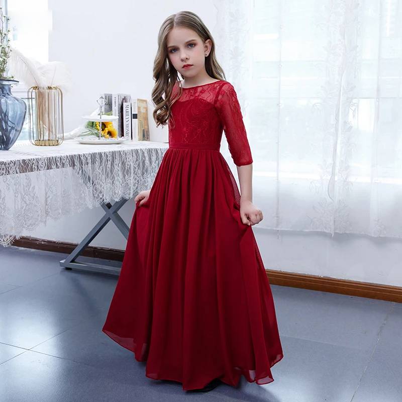 Chiffon Half-Sleeve Lace A-Line Flower Girl Dress for Birthday Pageant Party, Burgundy / Child-2 Chiffon Half-Sleeve Lace A-Line Flower Girl Dress for Birthday Pageant Party, Burgundy / Child-2