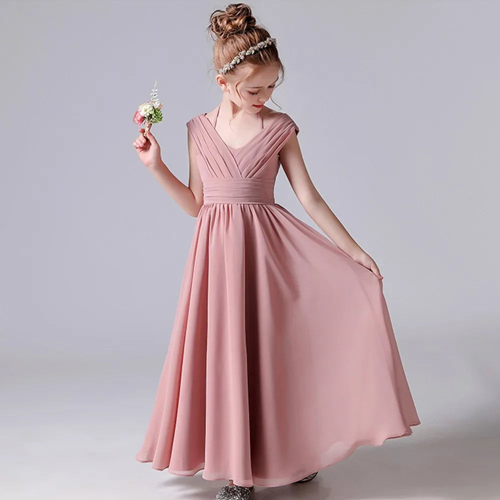 Dusty Pink Chiffon Junior Bridesmaid Dress with Pleats for Girls