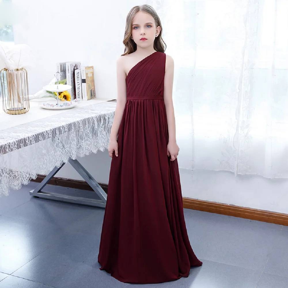 Burgundy One-Shoulder Chiffon Flower Girl Dress Junior Bridesmaid Gown Elsi John Burgundy One-Shoulder Chiffon Flower Girl Dress Junior Bridesmaid Gown Elsi John