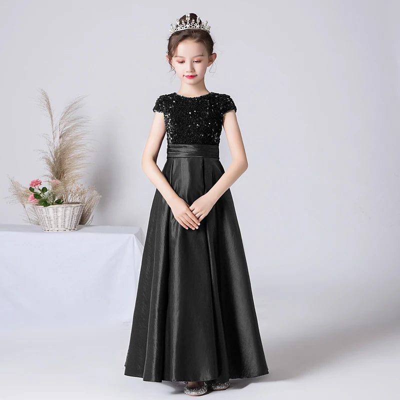 Black Sequin Satin A-Line Princess Dress for Girls Birthday Party Concert